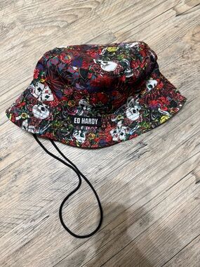 Ed Hardy Red Black Floral Skull Bucket Hat with Chin Cord